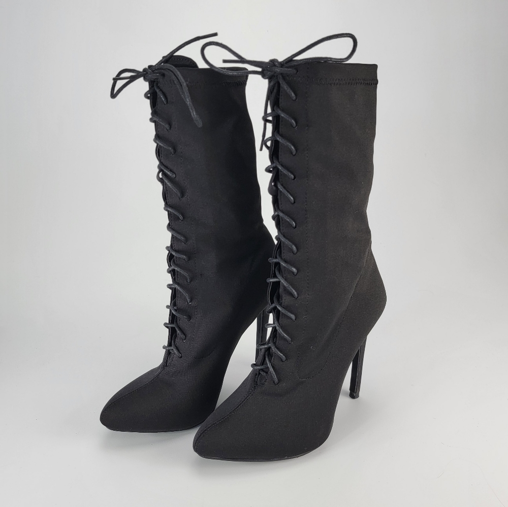 Sexy  EGO Black Stretchy Calf Boots with Laces - US Size 7